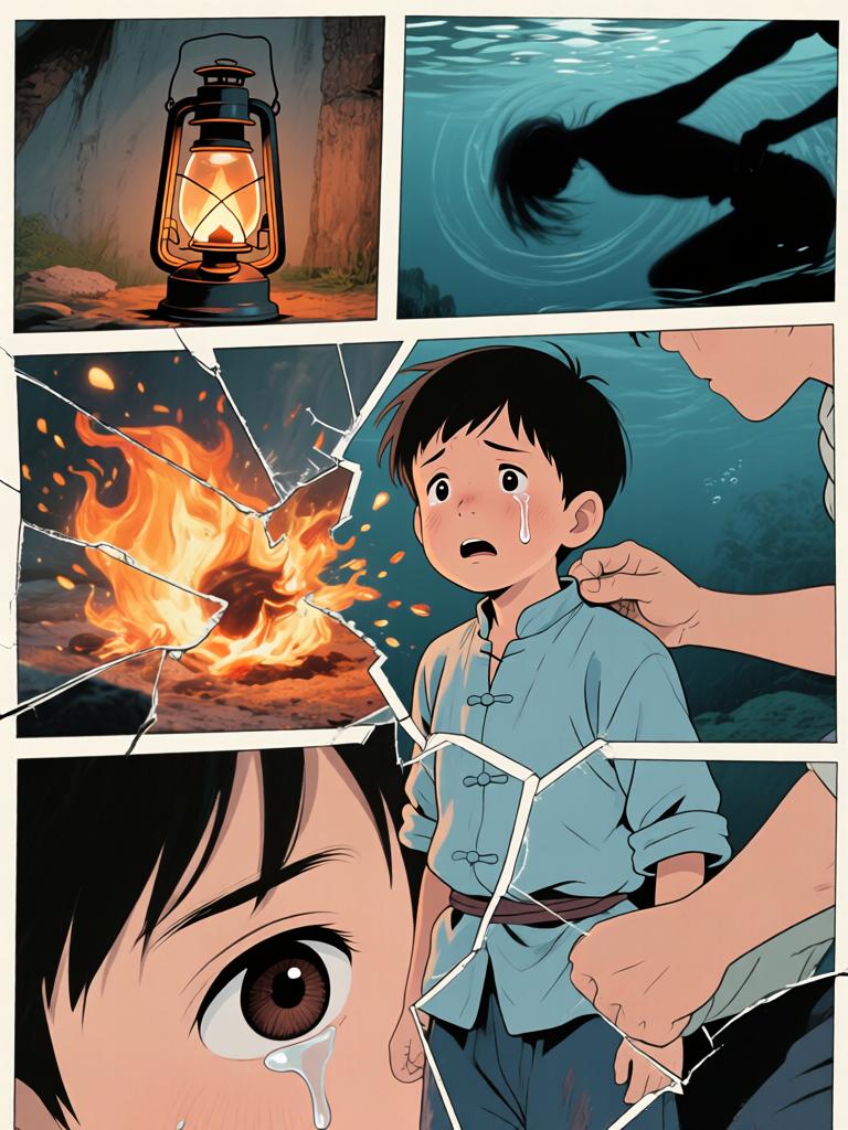 第5章:井底的回魂
野子被我爷放在洞口，用灯笼阻挡外物，他独自下到山洞里寻找命心子。在土台的土坑里挖土时，身后出现熟悉又陌生的声音，逼他回忆起三年前那段模糊又恐怖的记忆。对方宣称当年将他“掐死”，并告诉他脚下埋着当年死时穿的衣服，诱使他继续挖探真相——就在他挖出布片的一瞬，彻底的恐惧袭来，故事推向悬念。 - 图片10