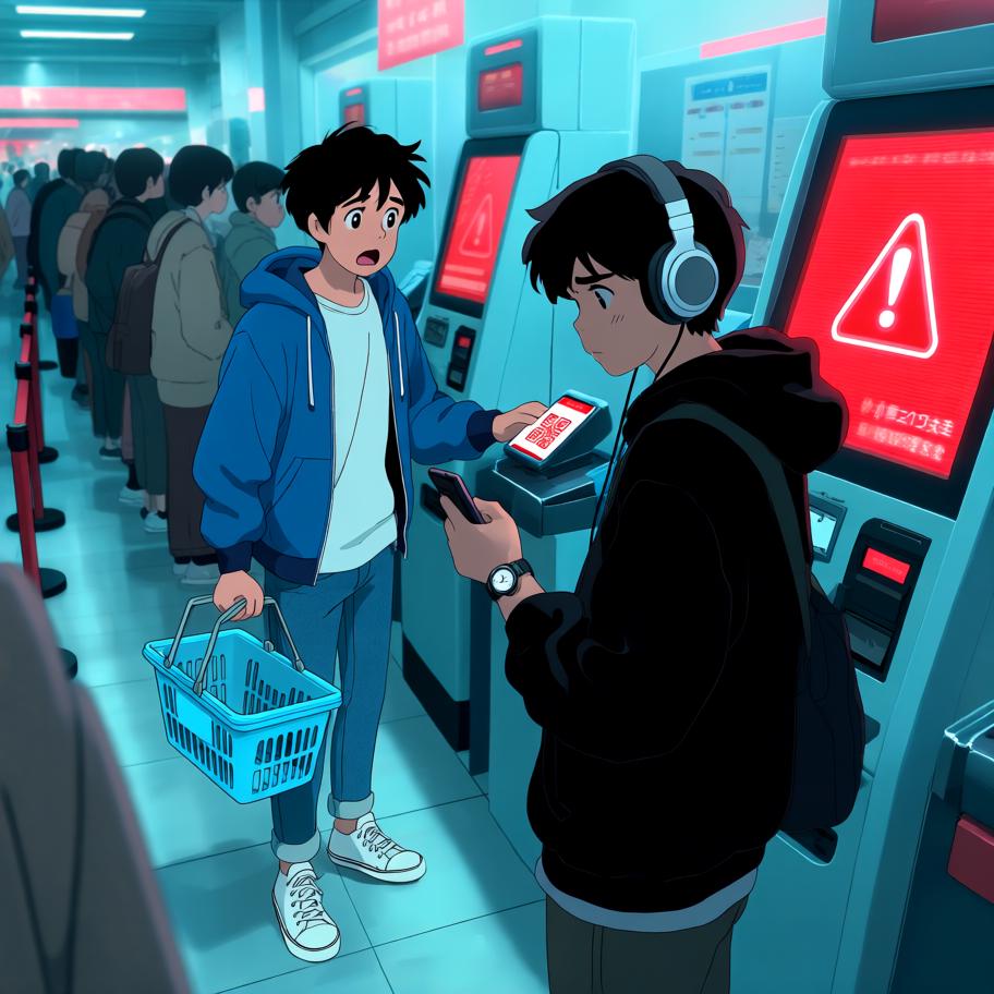 小王在超市排长队结账，发现无人排队的自助结账机后兴奋尝试，却连续扫码失败并触发警报，引来围观。保安介入轻松解决，他尴尬离开；出门时警报再次响起，袋中探出一只偷偷钻进去的猫，留下幽默的反转与悬念。 - 图片6