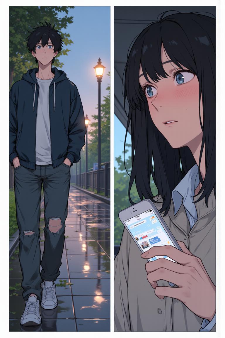 第2章:Rain, Lightning and an Unexpected Meet-cute
Luo Ye leaves the library into a sudden downpour and sees senior Su Baizhou rush out in the rain. He offers her his umbrella; lightning reveals her unexpected fear of thunder. They take shelter, fumble through awkward conversation, and discover via phones that they are linked through mutual acquaintances — turning an ordinary rain delay into a memorable first meeting. - 图片18