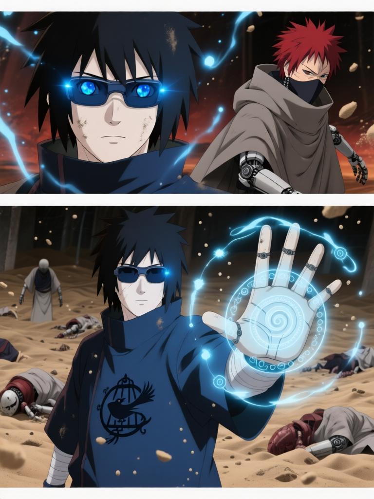 第4章:戈壁剧场：赤砂之蝎的邀约
日向镜与三井中一来到空旷接头点，远处一名裹斗篷的陌生人旁躺着几具砂忍尸体。陌生人揭下面罩，自称赤砂之蝎，现场氛围骤然恶化，沙堆中隐藏的傀儡悄然蠢动。战斗一触即发，日向镜凭借转生眼与轮转如意暂时应对，但埋伏远比想象更深，剧情以巨响与危机为结尾。 - 图片11