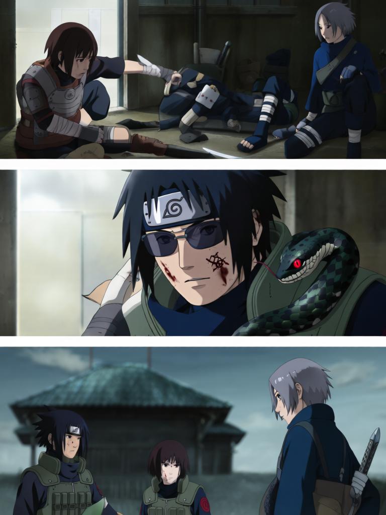 第7章:毁尸与戏码
日向镜在空中果断投掷起爆苦无，将三井中一的尸体炸得七零八落，以断绝赤砂之蝎借尸索索身份线索。回到哨所前，他将三代风影人傀儡伪装成追杀者演出受伤逃回的戏码，引出哨所内人的疑虑与恐惧。尽管暂时掩人耳目，日向镜与哨所同伴意识到更深层的威胁，怀疑有人来自根部，追击与内部裂痕的阴影尚未散去。 - 图片11