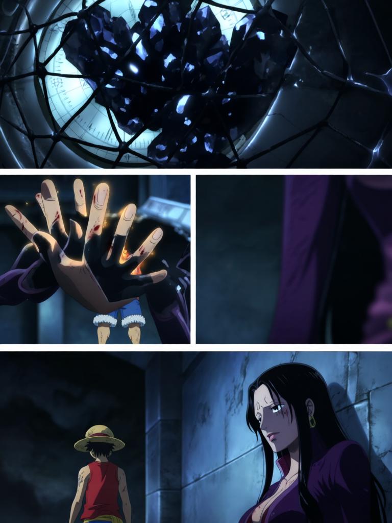 第5章:舵影之下的回归
舱内三人被束缚，敌方准备以草帽与“D”的血发动古老仪式。娜美与罗宾合力突围，将草帽试图戴回路飞，海心罗盘爆发幽蓝光芒唤醒海上的巨大舵影。舵影浮现，三人面对古老力量并肩应战，真相与毁灭的边缘一触即发。 - 图片2