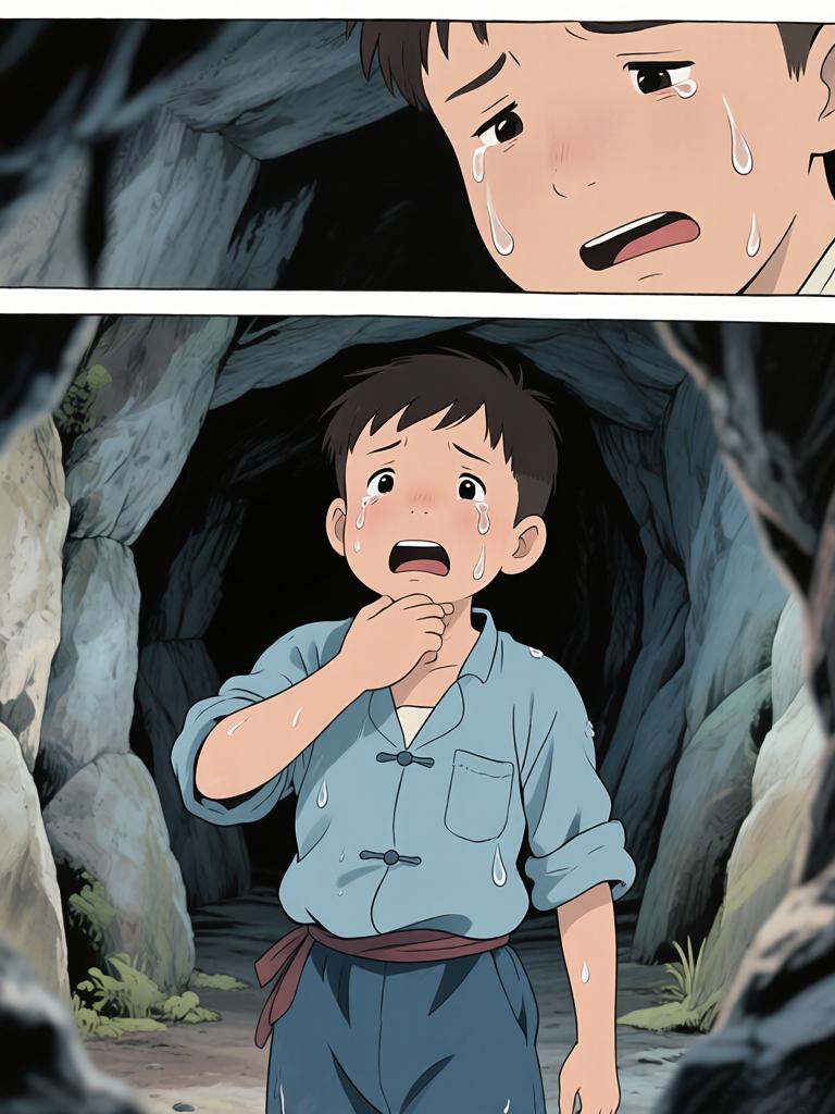 第5章:井底的回魂
野子被我爷放在洞口，用灯笼阻挡外物，他独自下到山洞里寻找命心子。在土台的土坑里挖土时，身后出现熟悉又陌生的声音，逼他回忆起三年前那段模糊又恐怖的记忆。对方宣称当年将他“掐死”，并告诉他脚下埋着当年死时穿的衣服，诱使他继续挖探真相——就在他挖出布片的一瞬，彻底的恐惧袭来，故事推向悬念。 - 图片13