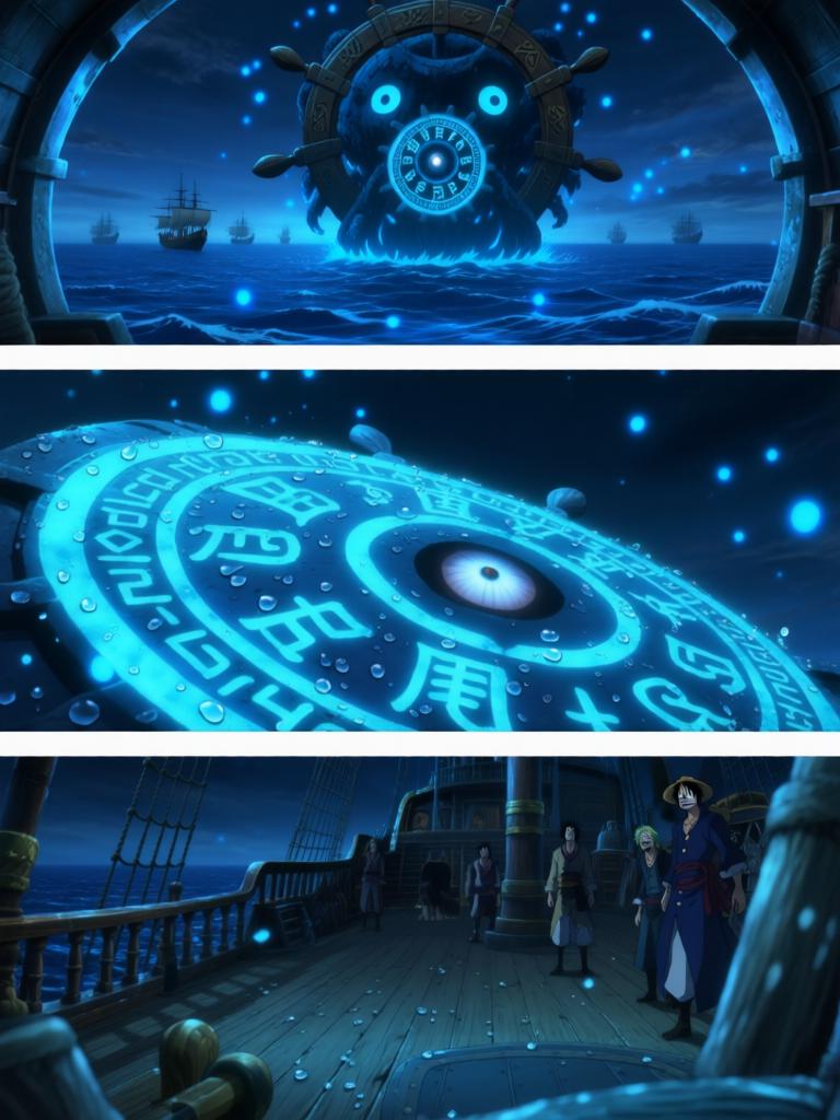 第6章:舵影的呼唤：草帽与选择
千阳号舱内，古老的舵影自舱顶翻转并释放幽蓝符文，路飞被束缚，草帽成为关键。娜美与罗宾同时奋力拆解仪器并争夺草帽，二人在危机中交叠出复杂情感。舵影最终认主，舱内与海面被神秘力量撕扯，故事在高潮的拉扯与选择中悬停。 - 图片17