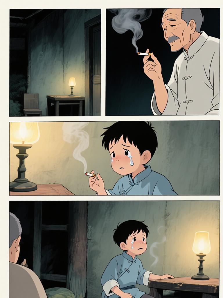 第6章:洞中的衣袖与夜叉的宴席
我在土里挖出当年丢失的新衣，背后冷笑催我继续翻掘。随着木屑与血迹暴露出一张被烫瞎的白眼人脸，灯笼一度熄暗又骤亮，黑影扑来，混乱中我咬下了温热的肉并昏厥。醒来在家中，爷身着白布与黑礼帽，端上煮肉与一根鲜红手指，告诉我吃下才能入门，从此我的命被钩进了不可名状的江湖。 - 图片15