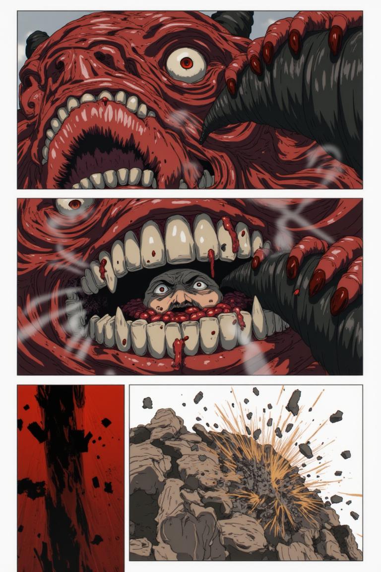 第4章:Red Maw, Green Remedy
Shisan is slammed and trapped by the flexible, brutal arms of the Zombie Demon as his regenerative Viridian Devil struggles to keep him whole. The Claw Devil and the Gluttony (Famine) Devil intervene in a savage ballet of tearing flesh and roaring hunger, turning the fight into an all-consuming purge. Exhausted and half-destroyed, Shisan collapses unconscious — only to be cradled and prodded awake by a calm woman with a braid who calls herself Makima. - 图片11