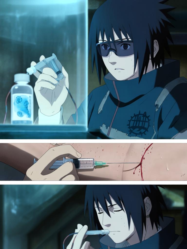 第2章:沙漠之眼：转生的代价
日向镜被村里发配到边境哨所，临行前与同族少女铃道别。边境枯燥巡逻中，他孤身取出独眼蝮蛇保管的基因液，赌上一切启动转生眼计划并经历剧烈的身体重组与疼痛。苏醒后他发现眼瞳已有异变，但进入适应期导致眼睛不能使用，他在被监视的哨所里暗自决心靠其他感知活下去。 - 图片8