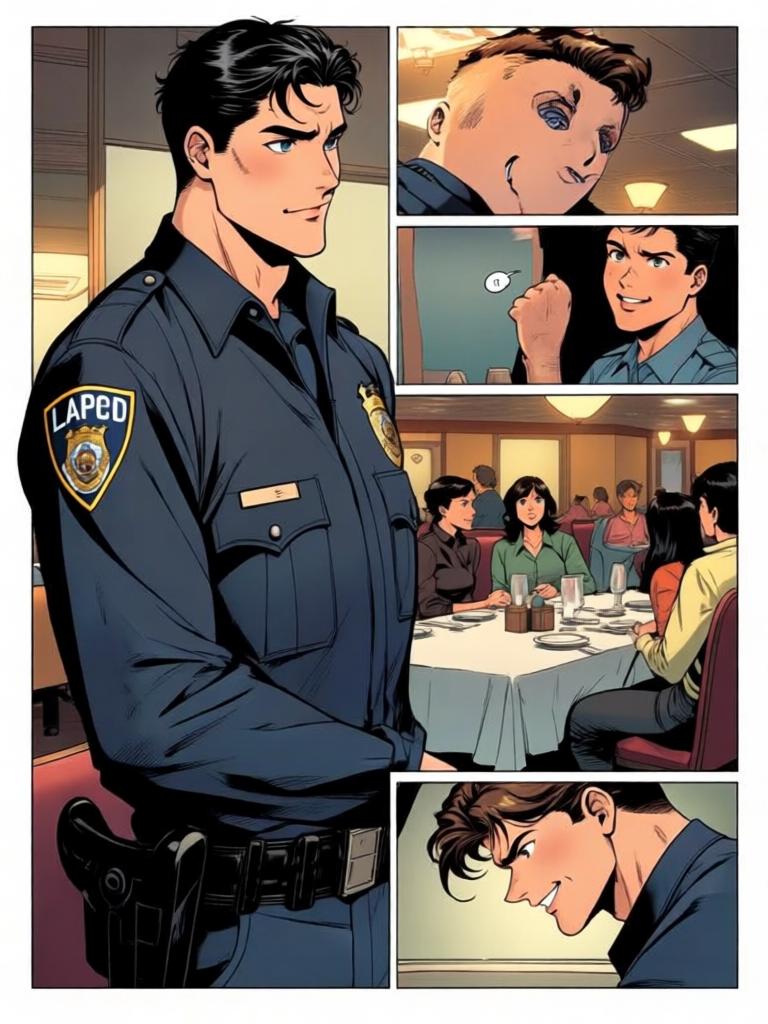 第7章:午餐时光：Code 7 的笑声与警徽
洛克与搭档大卫在墨西哥快餐店用午餐，和同事们拼桌。大家围绕上午的无线电乌龙笑成一团，莫娜警司严肃提醒“乌鸦嘴”的危险。气氛在训斥与打趣之间反复，直到兰迪二人登场用老梗彻底点燃笑声。 - 图片6