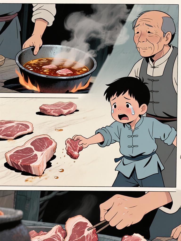 第6章:洞中的衣袖与夜叉的宴席
我在土里挖出当年丢失的新衣，背后冷笑催我继续翻掘。随着木屑与血迹暴露出一张被烫瞎的白眼人脸，灯笼一度熄暗又骤亮，黑影扑来，混乱中我咬下了温热的肉并昏厥。醒来在家中，爷身着白布与黑礼帽，端上煮肉与一根鲜红手指，告诉我吃下才能入门，从此我的命被钩进了不可名状的江湖。 - 图片16