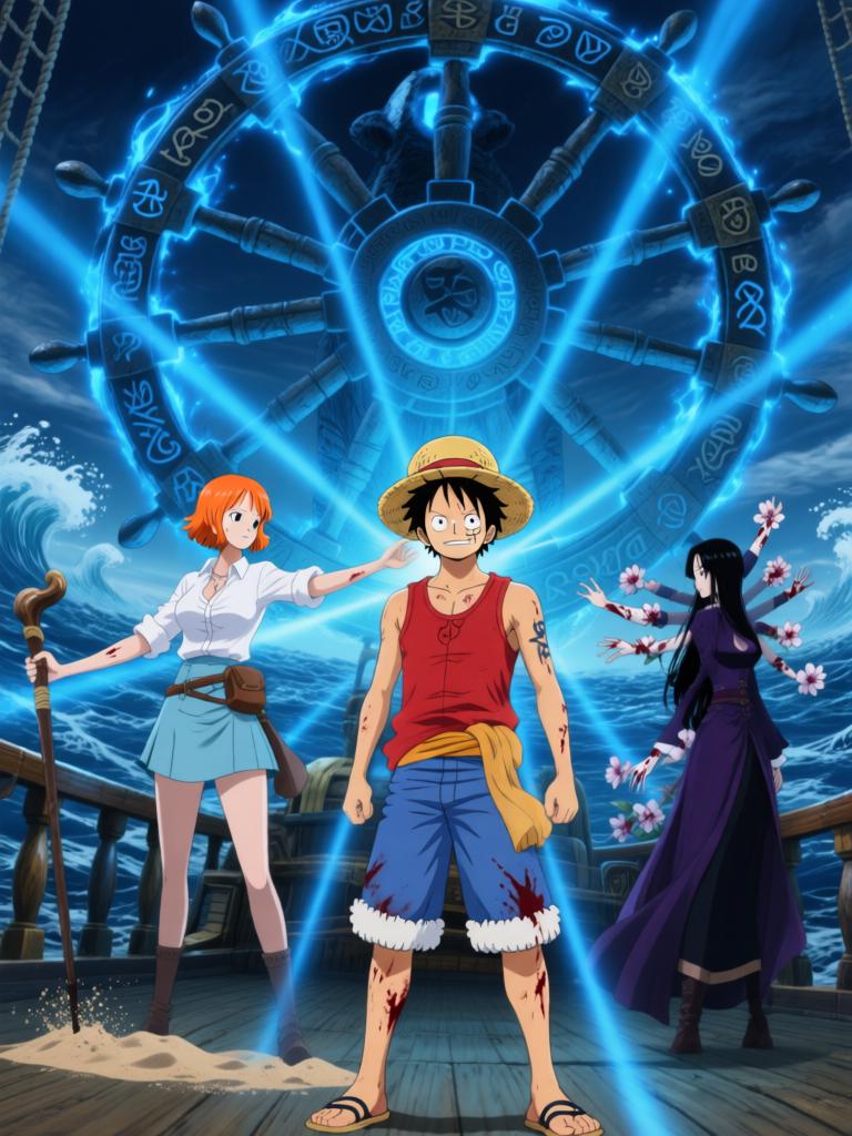 第6章:舵影的呼唤：草帽与选择
千阳号舱内，古老的舵影自舱顶翻转并释放幽蓝符文，路飞被束缚，草帽成为关键。娜美与罗宾同时奋力拆解仪器并争夺草帽，二人在危机中交叠出复杂情感。舵影最终认主，舱内与海面被神秘力量撕扯，故事在高潮的拉扯与选择中悬停。 - 图片10