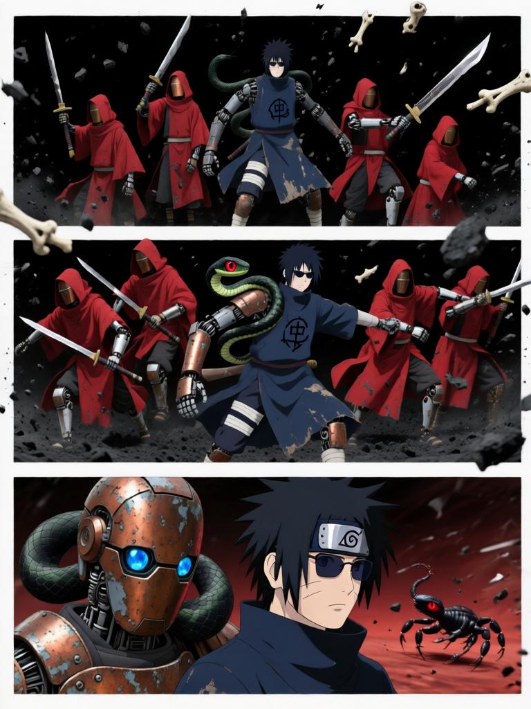 第6章:铁砂之下的抉择
日向镜在战场中被迫激活三代风影人傀儡以自保，赤砂之蝎召出十具红袍傀儡发动毒刃远程攻势。铁砂护盾连番承受骨质千本的撞击，形势愈发危急，日向镜不得不冒着生命危险注入转生眼查克拉唤醒傀儡的自主性以求突围。结尾以疲惫却决绝的日向镜与傀儡守护被毒侵蚀的秘密，留下未解的追击威胁与新的谜团。 - 图片15