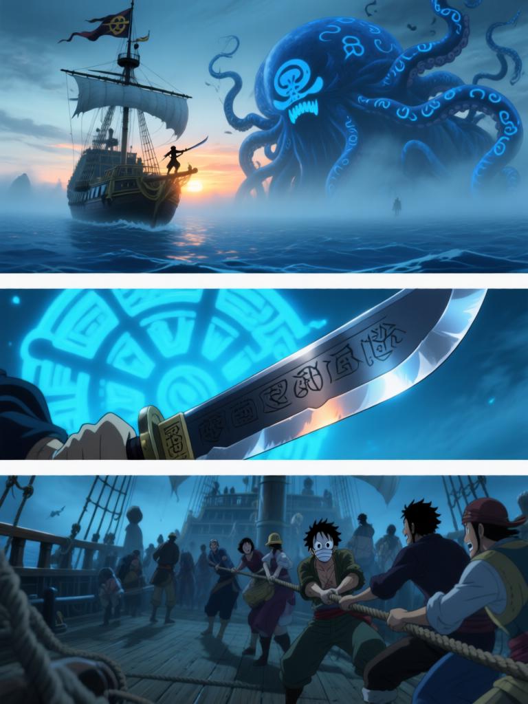 第17章:刀尖与影子：终焉前的搏斗
时间凝固，舵影扯向路飞，娜美与罗宾为了草帽与他的生命拼尽全力。面具人举刀欲献祭，幽蓝符文与甲板上的空气撕裂。就在刀尖将落下时，一个意想不到的影子掠过，打断了瞬间，也将战局推向更深的未知。 - 图片4
