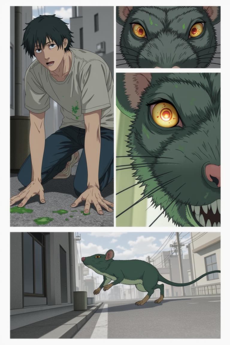 第1章:Aisle of the Rat Demon
A teenage freelance demon hunter, Shisan, wakes in a cramped apartment, hears a news report about demons, and goes out to buy instant noodles. A rat demon smashes into the convenience store — Shisan fights it off with reckless improvisation while his health pact heals him. As he lies bloodied, the looming gluttony demon briefly appears to devour the rat demon; an old boss calls with a new job offer. - 图片11