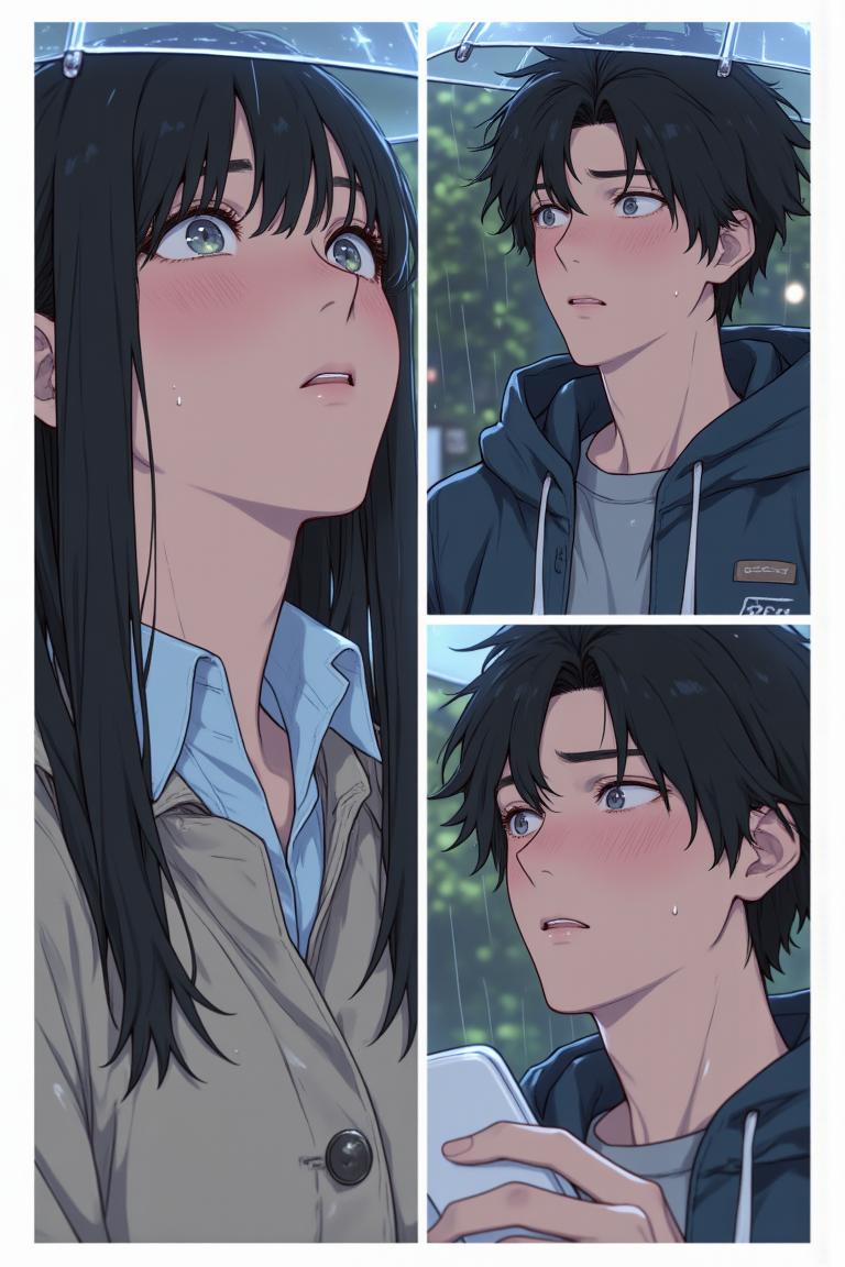 第2章:Rain, Lightning and an Unexpected Meet-cute
Luo Ye leaves the library into a sudden downpour and sees senior Su Baizhou rush out in the rain. He offers her his umbrella; lightning reveals her unexpected fear of thunder. They take shelter, fumble through awkward conversation, and discover via phones that they are linked through mutual acquaintances — turning an ordinary rain delay into a memorable first meeting. - 图片14