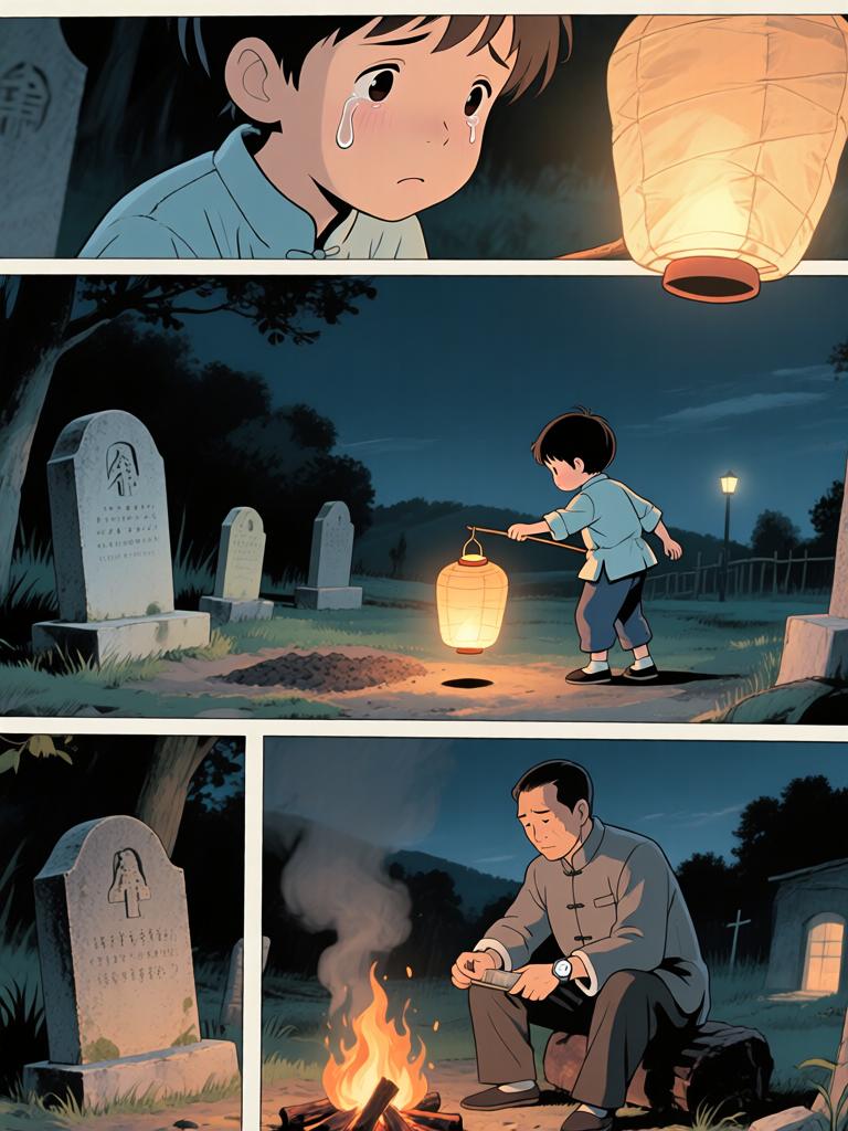 第3章:崖下的坟与承诺
我爷在深山里向我交代万一之事，叮嘱我要在二十四岁回来复仇，并教我如何在他可能牺牲时应对即将从坟中出现的东西。寒风、爆破和白布灯笼构成了这一夜的仪式，我在恐惧中被反复逼着记住每一句话。最后，火堆旁的钟表与他凝固的表情，把等待与不确定拉得更长。 - 图片18