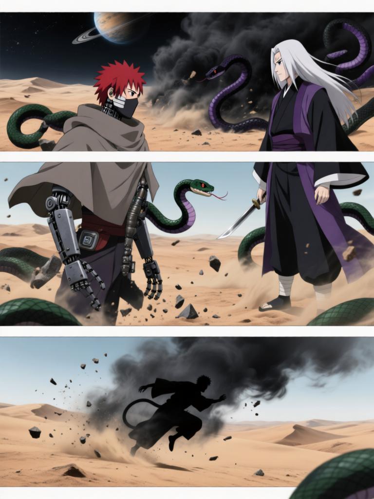 第5章:铁砂之舞与断线的假面
日向镜用轮转如意试图吸来赤砂之蝎，本以为能以此扭转劣势，结果吸来的竟是三代风影的人傀儡，查克拉线被扯断。傀儡自爆与漫天铁砂令沙场大乱，赤砂之蝎借机施展更多机关，局势危急。危急时刻，大蛇丸现身打断战局，蝎趁乱撤退，日向镜在硝烟中守住了三代风影的秘密，但新的威胁与谜题浮现。 - 图片15