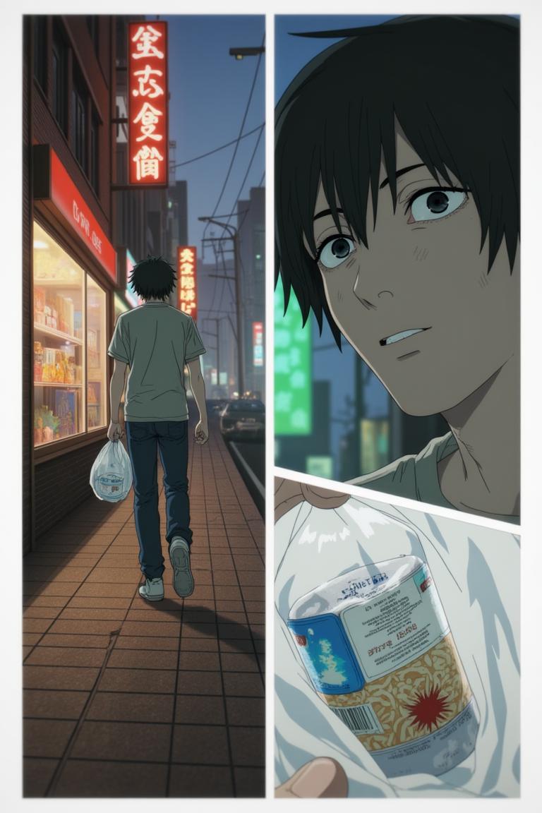 第1章:Aisle of the Rat Demon
A teenage freelance demon hunter, Shisan, wakes in a cramped apartment, hears a news report about demons, and goes out to buy instant noodles. A rat demon smashes into the convenience store — Shisan fights it off with reckless improvisation while his health pact heals him. As he lies bloodied, the looming gluttony demon briefly appears to devour the rat demon; an old boss calls with a new job offer. - 图片16