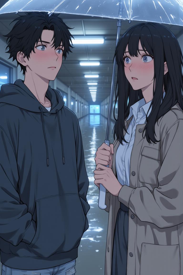 第2章:Rain, Lightning and an Unexpected Meet-cute
Luo Ye leaves the library into a sudden downpour and sees senior Su Baizhou rush out in the rain. He offers her his umbrella; lightning reveals her unexpected fear of thunder. They take shelter, fumble through awkward conversation, and discover via phones that they are linked through mutual acquaintances — turning an ordinary rain delay into a memorable first meeting. - 图片8