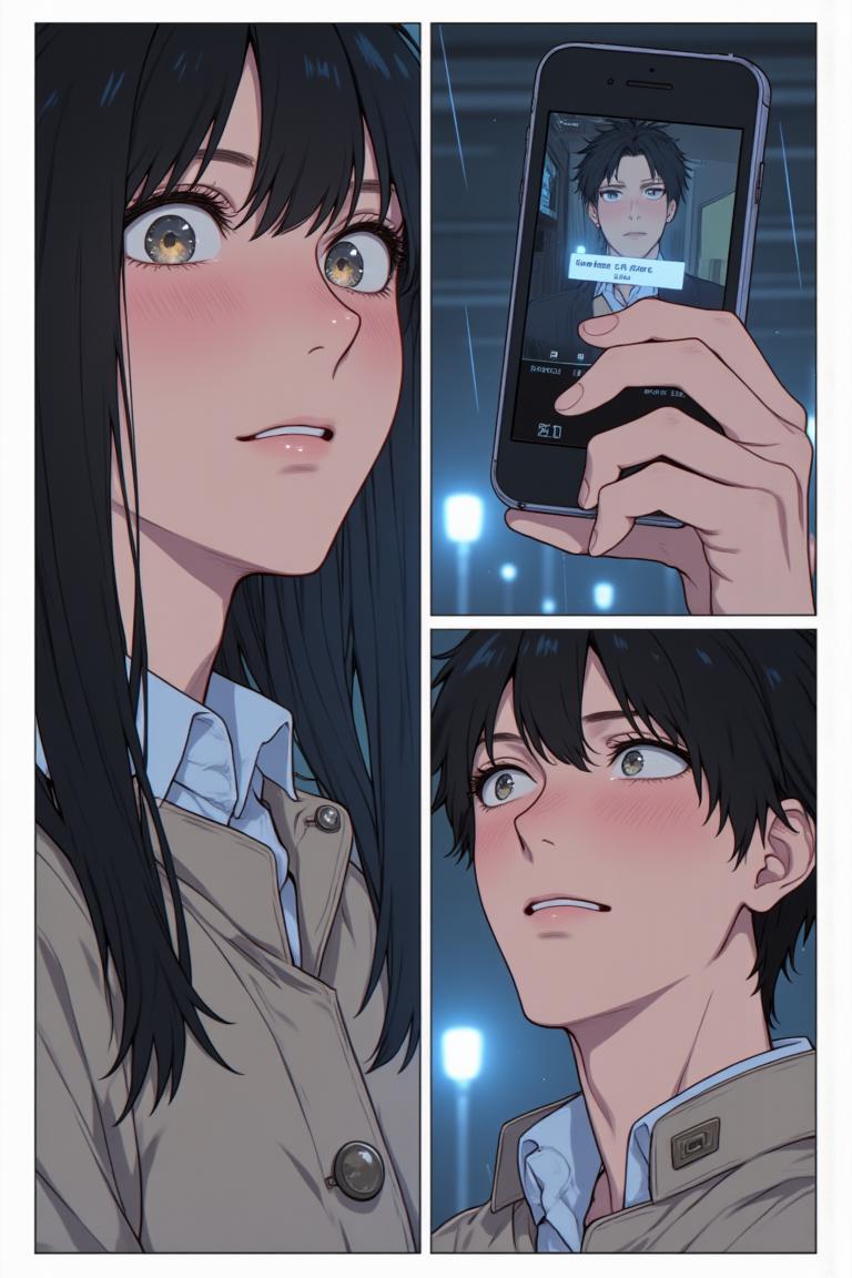 第2章:Rain, Lightning and an Unexpected Meet-cute
Luo Ye leaves the library into a sudden downpour and sees senior Su Baizhou rush out in the rain. He offers her his umbrella; lightning reveals her unexpected fear of thunder. They take shelter, fumble through awkward conversation, and discover via phones that they are linked through mutual acquaintances — turning an ordinary rain delay into a memorable first meeting. - 图片15