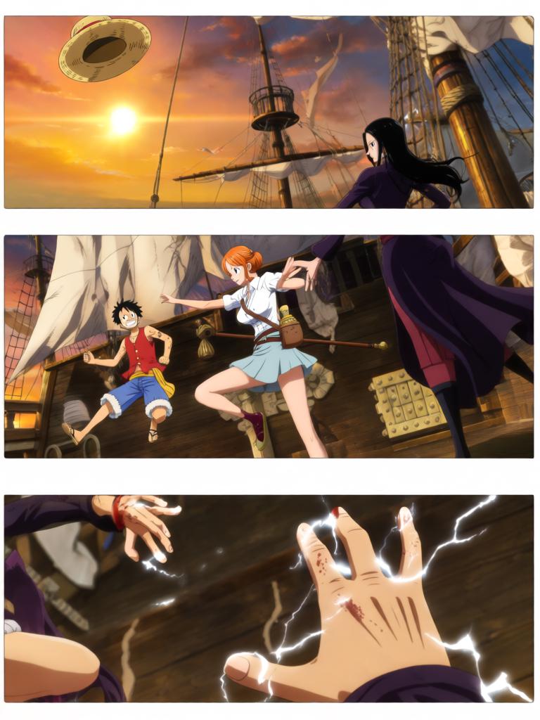 第4章:夕阳下的撕扯——草帽、誓言与引路的罗盘
千阳号被黑色舰队撞击，路飞被抛起并失去行动能力；娜美与罗宾并肩拆除抑制装置，两人因抢救草帽与路飞发生激烈拉扯；旗舰将三人吞入舱口，草帽留在甲板上，海心罗盘指向更远的谜题，娜美与罗宾立誓要把他们带回。 - 图片2