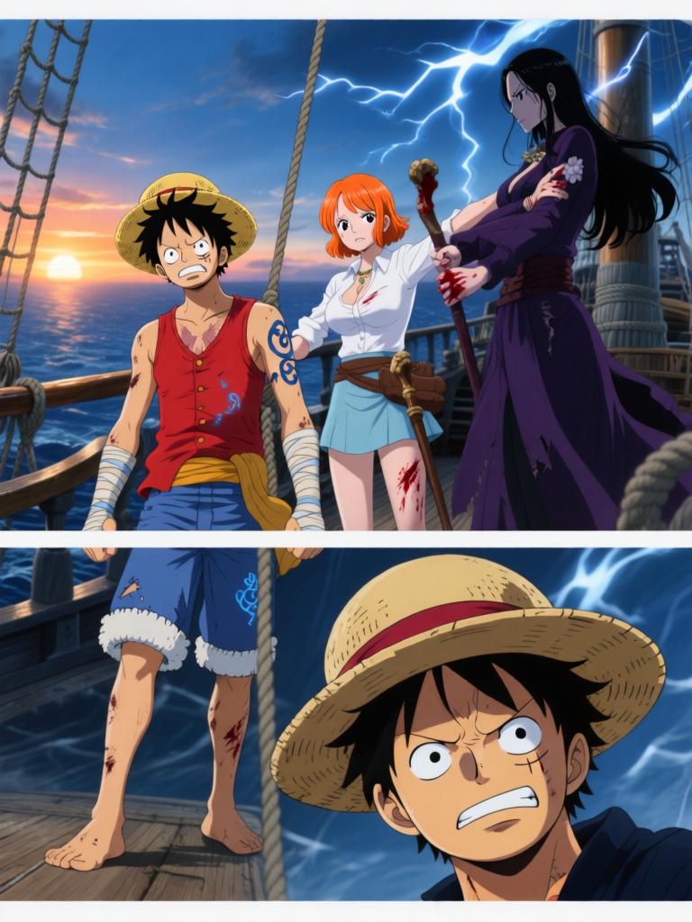 第17章:刀尖与影子：终焉前的搏斗
时间凝固，舵影扯向路飞，娜美与罗宾为了草帽与他的生命拼尽全力。面具人举刀欲献祭，幽蓝符文与甲板上的空气撕裂。就在刀尖将落下时，一个意想不到的影子掠过，打断了瞬间，也将战局推向更深的未知。 - 图片18