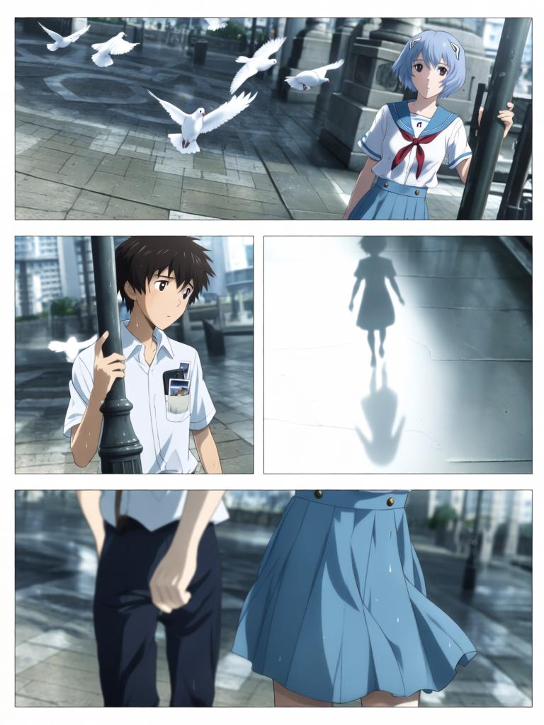 第2章:虚雾之际·蓝发幽影
第二新东京市在紧急疏散中陷入死寂，紫发女子急寻那个害羞的少年。少年在街头意外看见神秘的蓝发少女凌波丽，而远方天际出现了巨大的使徒。指挥部在屏幕前冷笑，隐藏的计划悄然启动。 - 图片5