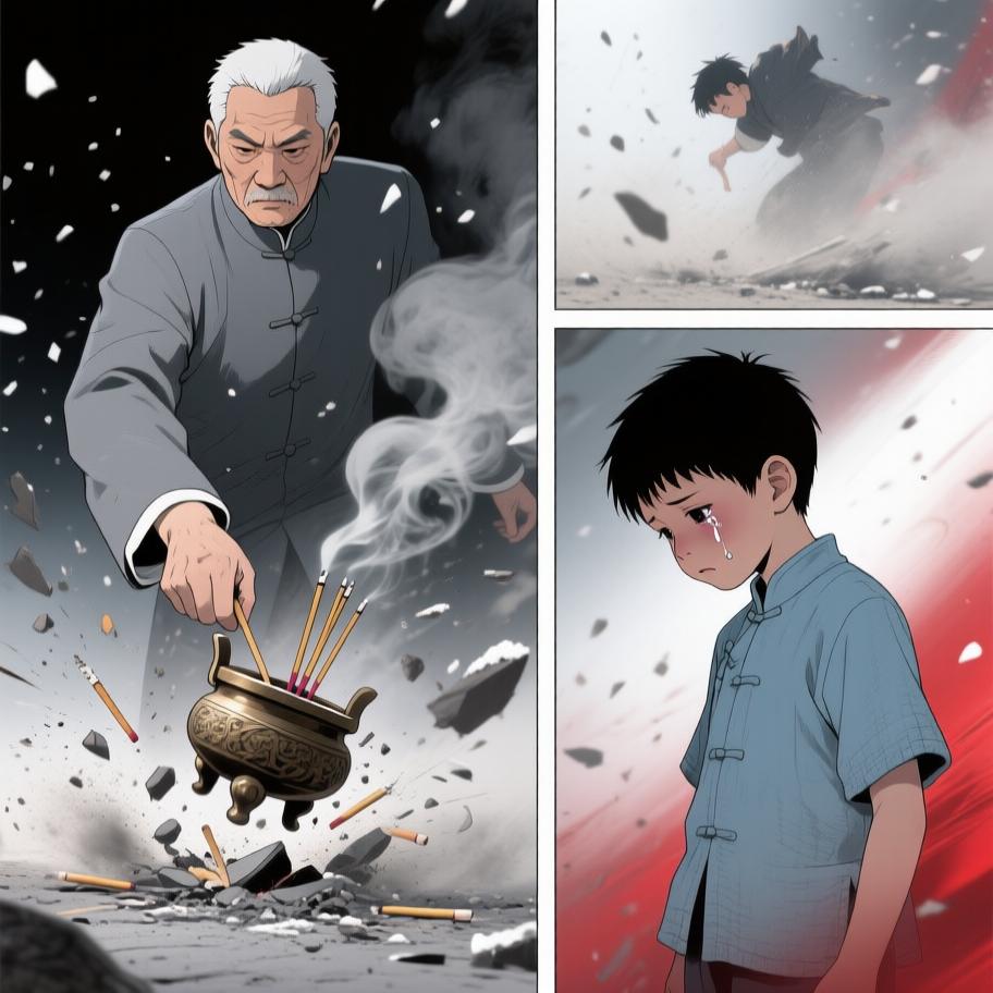 第1章:西屋的绿火与炕沿下的眼珠
我爷在打了人后若无其事带我回家并教我‘有本事能收回惹的祸’，夜里我看到他在西屋用七个白瓷盅和黄纸做法事，盅爆裂、酒流下炕沿，被一个披发、指甲乌黑的影人跪着捧酒喝去；几天后对方家人来跪求，献上黄纸祭品被我爷收下，却扔进仓房并炖了吃。我趁我爷出门偷看箱子，误用御神盅点灯油引发绿火与邪影袭来，最后我昏厥被我爷训斥，揭示我把尿撒进敬神壶冒犯了更大的神灵。 - 图片18