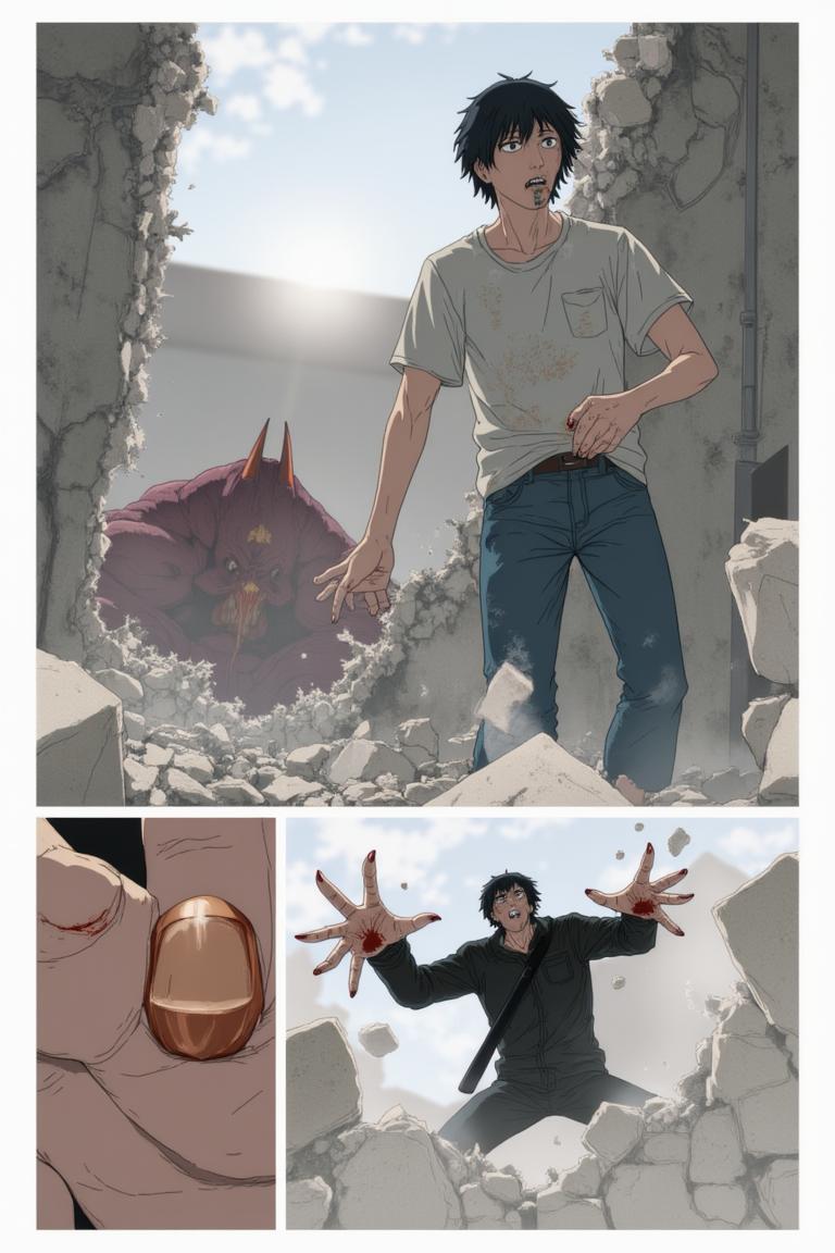 第6章:Collapse and Oden: Shisan and Aki
Inside a crumbling building the Muscle Devil smashes pillars and goads Shisan out of hiding. Aki fights wildly, Shisan's Gluttony-bound claws strike and become trapped as the Muscle Devil reveals the true snare — only to be decapitated by Aki's blade. After the rubble, awkward camaraderie and Makima's quiet orders send Shisan to room with Aki, and the chapter closes on a messy, warm meal at an oden stall. - 图片9