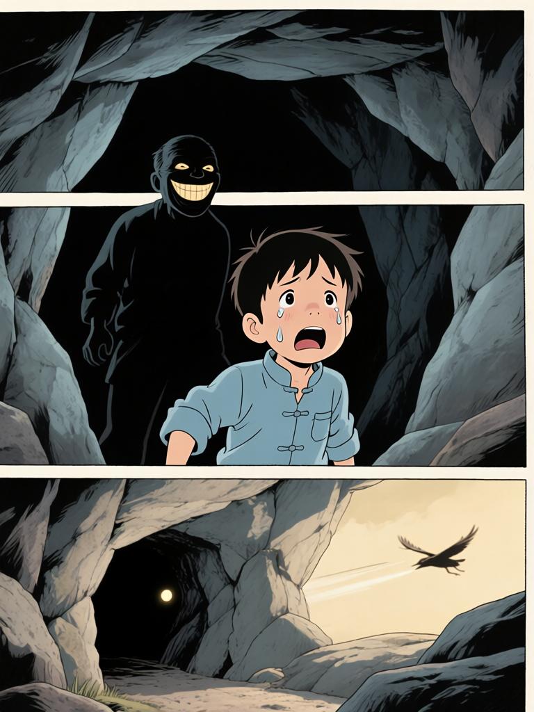 第5章:井底的回魂
野子被我爷放在洞口，用灯笼阻挡外物，他独自下到山洞里寻找命心子。在土台的土坑里挖土时，身后出现熟悉又陌生的声音，逼他回忆起三年前那段模糊又恐怖的记忆。对方宣称当年将他“掐死”，并告诉他脚下埋着当年死时穿的衣服，诱使他继续挖探真相——就在他挖出布片的一瞬，彻底的恐惧袭来，故事推向悬念。 - 图片18