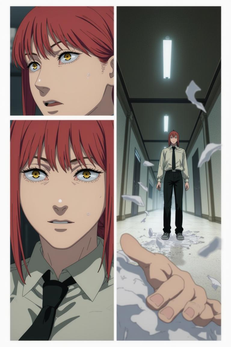 第3章:The Name Between Cracks
Torn fragments of names drift through a scarred apartment corridor as fractured memories stitch back crookedly. Sato refuses to become a 'tool' while Makima and Aoyama argue over whether naming is order, domination, or ledger-bound debt—an emergent memory-entity devours and reshapes recollection. Makima tests a dangerous middle path, reaching into the memory mass as footsteps and a slammed door promise an immediate, bloody decision about who will name the world. - 图片3