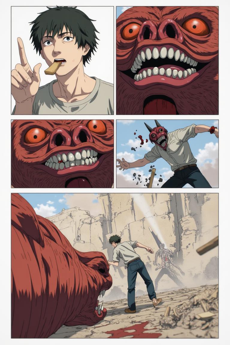 第4章:Red Maw, Green Remedy
Shisan is slammed and trapped by the flexible, brutal arms of the Zombie Demon as his regenerative Viridian Devil struggles to keep him whole. The Claw Devil and the Gluttony (Famine) Devil intervene in a savage ballet of tearing flesh and roaring hunger, turning the fight into an all-consuming purge. Exhausted and half-destroyed, Shisan collapses unconscious — only to be cradled and prodded awake by a calm woman with a braid who calls herself Makima. - 图片7