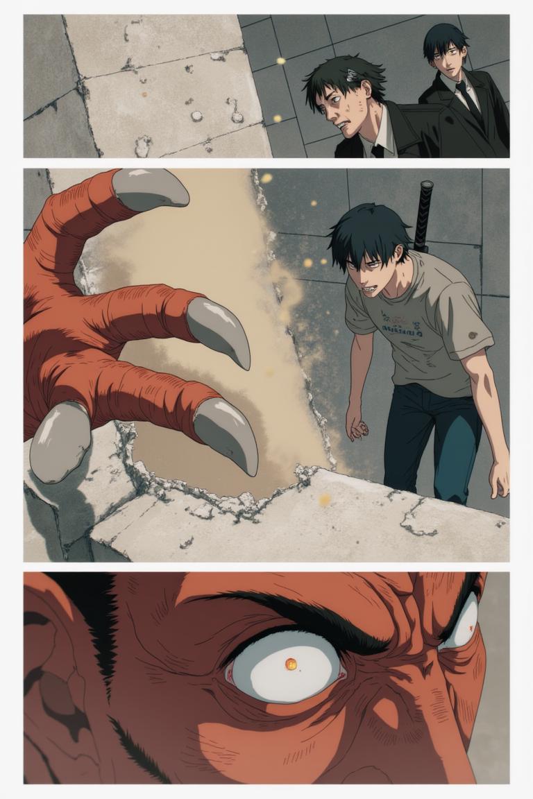 第6章:Collapse and Oden: Shisan and Aki
Inside a crumbling building the Muscle Devil smashes pillars and goads Shisan out of hiding. Aki fights wildly, Shisan's Gluttony-bound claws strike and become trapped as the Muscle Devil reveals the true snare — only to be decapitated by Aki's blade. After the rubble, awkward camaraderie and Makima's quiet orders send Shisan to room with Aki, and the chapter closes on a messy, warm meal at an oden stall. - 图片2