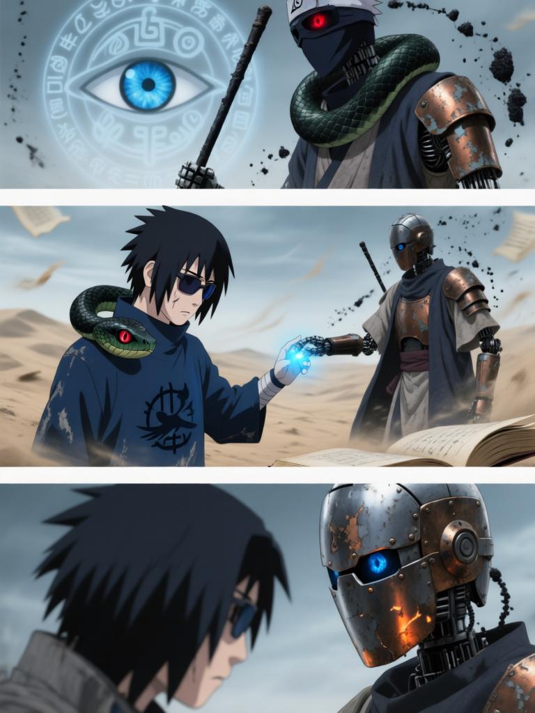 第6章:铁砂之下的抉择
日向镜在战场中被迫激活三代风影人傀儡以自保，赤砂之蝎召出十具红袍傀儡发动毒刃远程攻势。铁砂护盾连番承受骨质千本的撞击，形势愈发危急，日向镜不得不冒着生命危险注入转生眼查克拉唤醒傀儡的自主性以求突围。结尾以疲惫却决绝的日向镜与傀儡守护被毒侵蚀的秘密，留下未解的追击威胁与新的谜团。 - 图片6