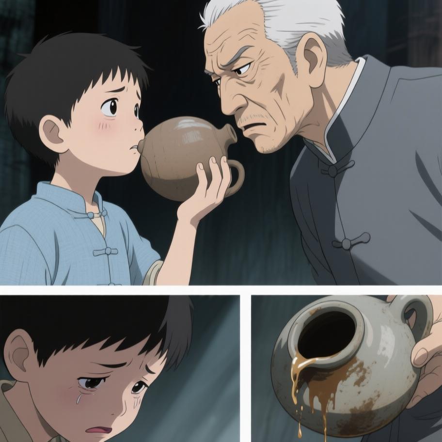 第1章:西屋的绿火与炕沿下的眼珠
我爷在打了人后若无其事带我回家并教我‘有本事能收回惹的祸’，夜里我看到他在西屋用七个白瓷盅和黄纸做法事，盅爆裂、酒流下炕沿，被一个披发、指甲乌黑的影人跪着捧酒喝去；几天后对方家人来跪求，献上黄纸祭品被我爷收下，却扔进仓房并炖了吃。我趁我爷出门偷看箱子，误用御神盅点灯油引发绿火与邪影袭来，最后我昏厥被我爷训斥，揭示我把尿撒进敬神壶冒犯了更大的神灵。 - 图片17