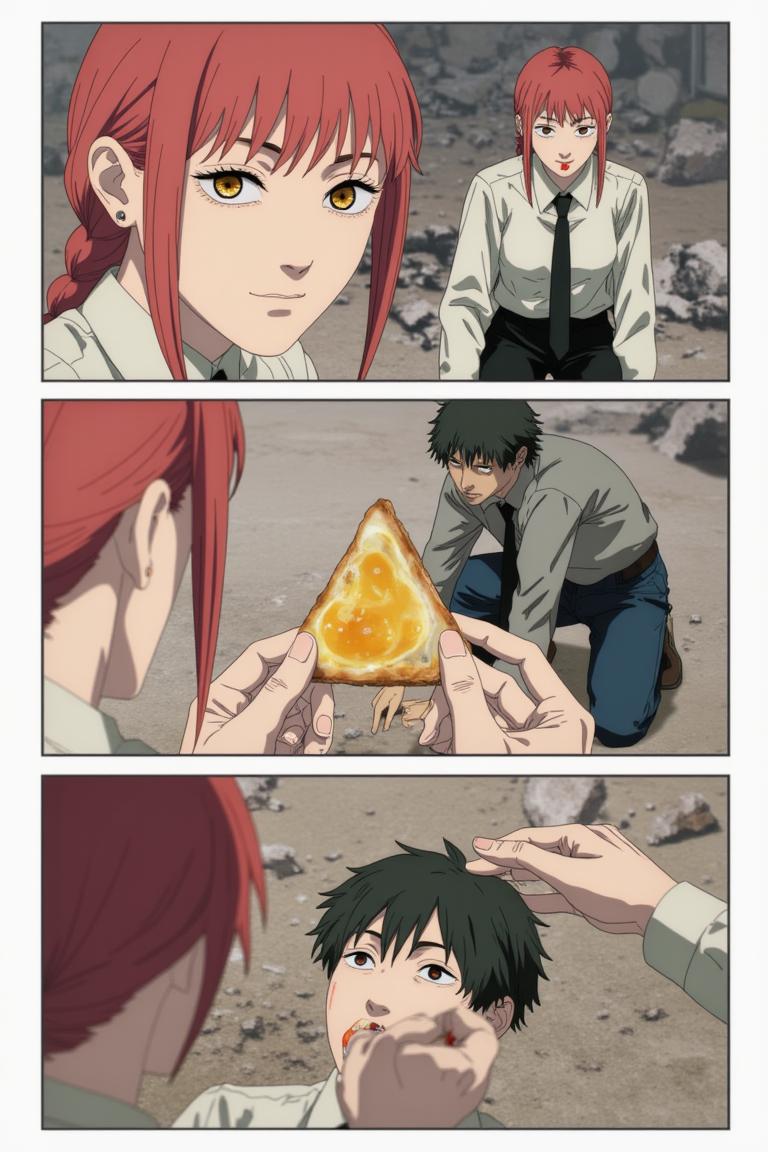 第4章:Red Maw, Green Remedy
Shisan is slammed and trapped by the flexible, brutal arms of the Zombie Demon as his regenerative Viridian Devil struggles to keep him whole. The Claw Devil and the Gluttony (Famine) Devil intervene in a savage ballet of tearing flesh and roaring hunger, turning the fight into an all-consuming purge. Exhausted and half-destroyed, Shisan collapses unconscious — only to be cradled and prodded awake by a calm woman with a braid who calls herself Makima. - 图片15