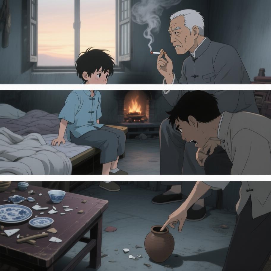 第1章:西屋的绿火与炕沿下的眼珠
我爷在打了人后若无其事带我回家并教我‘有本事能收回惹的祸’，夜里我看到他在西屋用七个白瓷盅和黄纸做法事，盅爆裂、酒流下炕沿，被一个披发、指甲乌黑的影人跪着捧酒喝去；几天后对方家人来跪求，献上黄纸祭品被我爷收下，却扔进仓房并炖了吃。我趁我爷出门偷看箱子，误用御神盅点灯油引发绿火与邪影袭来，最后我昏厥被我爷训斥，揭示我把尿撒进敬神壶冒犯了更大的神灵。 - 图片16