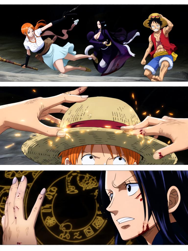 第6章:舵影的呼唤：草帽与选择
千阳号舱内，古老的舵影自舱顶翻转并释放幽蓝符文，路飞被束缚，草帽成为关键。娜美与罗宾同时奋力拆解仪器并争夺草帽，二人在危机中交叠出复杂情感。舵影最终认主，舱内与海面被神秘力量撕扯，故事在高潮的拉扯与选择中悬停。 - 图片9