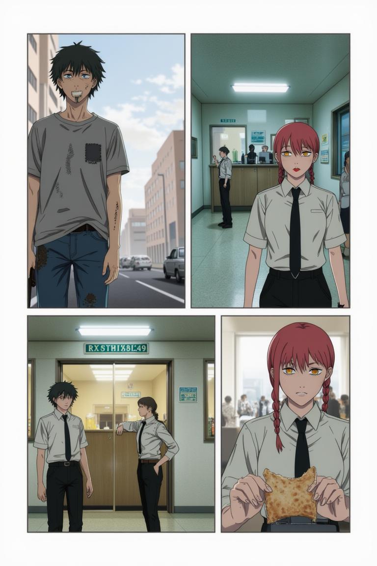 第5章:A New Assignment — Muscle Devil on Kujawano Street
Shisan, still dazed by Makima's unexpected gentleness, accepts bread and a place under her command before being fitted into a Public Safety uniform. He's assigned to Special Action 4 under Hayakawa Aki and leaps onto Aki's motorcycle to a demon assault on Kujawano Street. There, they encounter a towering Muscle Devil — a brutal chase and clash begin that forces Shisan and Aki to retreat into a ruined building as the devil pursues them. - 图片2