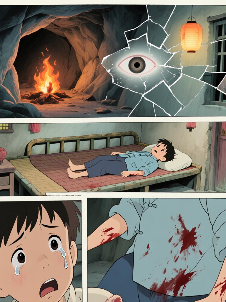 第6章:洞中的衣袖与夜叉的宴席
我在土里挖出当年丢失的新衣，背后冷笑催我继续翻掘。随着木屑与血迹暴露出一张被烫瞎的白眼人脸，灯笼一度熄暗又骤亮，黑影扑来，混乱中我咬下了温热的肉并昏厥。醒来在家中，爷身着白布与黑礼帽，端上煮肉与一根鲜红手指，告诉我吃下才能入门，从此我的命被钩进了不可名状的江湖。 - 图片14