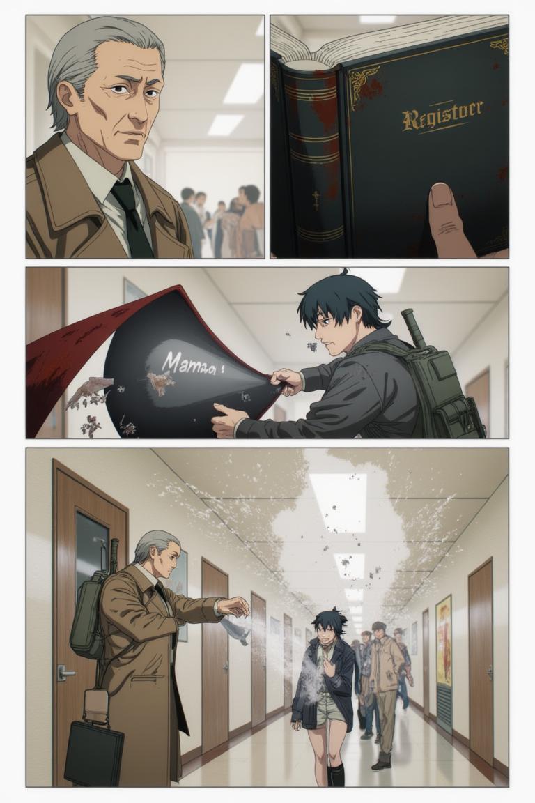 第2章:The Choice of Names
Sato fights a shadow that erases names and memories in a flickering apartment corridor. Makima arrives, using naming as a binding contract to restore identity; Aoyama counters with a ledger that would return names but bind people differently. Forced to choose between becoming a tool of order or a guardian bound to a book, Sato shatters the choice by tearing his name and scattering the pieces, prompting contracts to clash and a fragile, perilous redistribution of memory. - 图片12