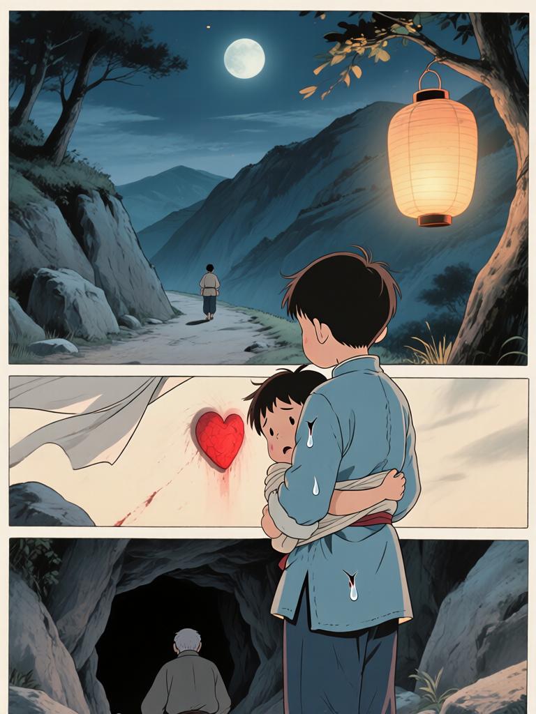 第4章:灯笼下的命心子
夜色中，陈如飞布下爆破，引出洞中的怪物；野子被炸入洞内，举灯挡住来袭生物并被迫深入寻找那生物胸中的命心子。陈如飞为保护野子与怪物搏斗，最终被拖入黑洞，野子带着命心子逃出，决心将来复仇。 - 图片18