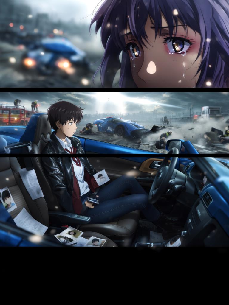 第3章:碎片与救赎的天使圈
空对地导弹射向使徒，却被看不见的屏障挡在前方，使徒反击，战机残骸四散。飞来的碎片朝街头冲来，紫发女子驾车及时横挡救下少年并带他逃离。途中国防部投放的N2地雷引发巨大爆炸，少年被冲击击晕，紫发女子焦急呼喊。 - 图片18