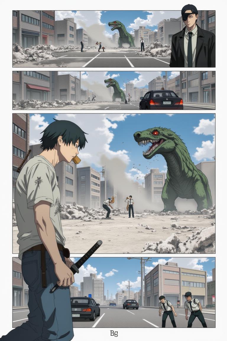 第5章:A New Assignment — Muscle Devil on Kujawano Street
Shisan, still dazed by Makima's unexpected gentleness, accepts bread and a place under her command before being fitted into a Public Safety uniform. He's assigned to Special Action 4 under Hayakawa Aki and leaps onto Aki's motorcycle to a demon assault on Kujawano Street. There, they encounter a towering Muscle Devil — a brutal chase and clash begin that forces Shisan and Aki to retreat into a ruined building as the devil pursues them. - 图片8