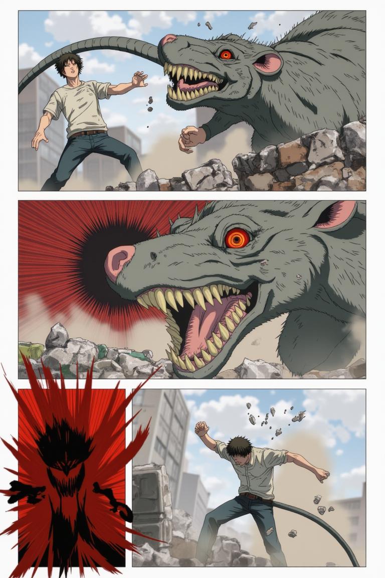 第1章:Aisle of the Rat Demon
A teenage freelance demon hunter, Shisan, wakes in a cramped apartment, hears a news report about demons, and goes out to buy instant noodles. A rat demon smashes into the convenience store — Shisan fights it off with reckless improvisation while his health pact heals him. As he lies bloodied, the looming gluttony demon briefly appears to devour the rat demon; an old boss calls with a new job offer. - 图片12