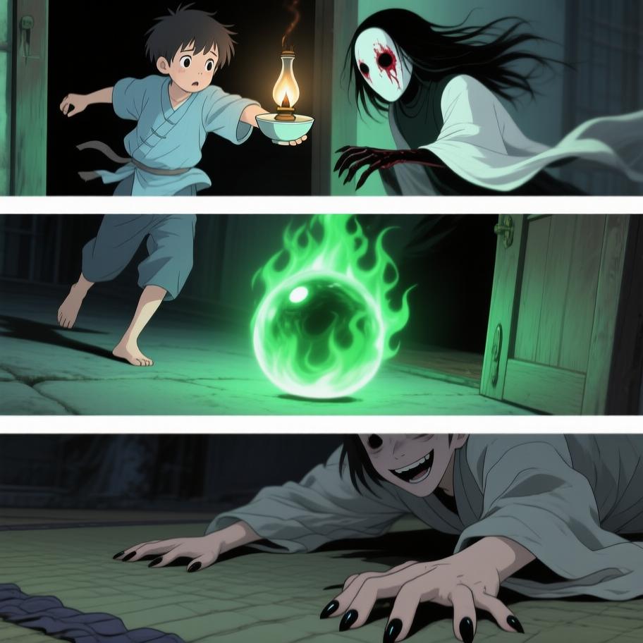 第1章:西屋的绿火与炕沿下的眼珠
我爷在打了人后若无其事带我回家并教我‘有本事能收回惹的祸’，夜里我看到他在西屋用七个白瓷盅和黄纸做法事，盅爆裂、酒流下炕沿，被一个披发、指甲乌黑的影人跪着捧酒喝去；几天后对方家人来跪求，献上黄纸祭品被我爷收下，却扔进仓房并炖了吃。我趁我爷出门偷看箱子，误用御神盅点灯油引发绿火与邪影袭来，最后我昏厥被我爷训斥，揭示我把尿撒进敬神壶冒犯了更大的神灵。 - 图片14