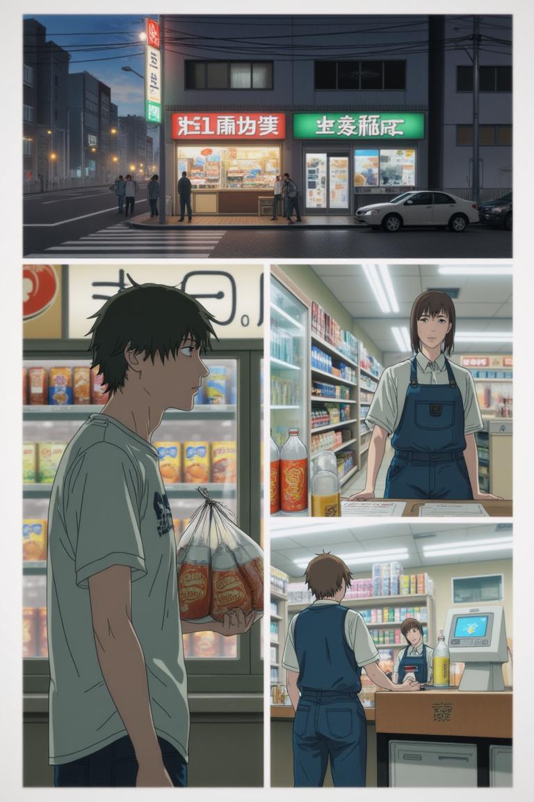 第1章:Aisle of the Rat Demon
A teenage freelance demon hunter, Shisan, wakes in a cramped apartment, hears a news report about demons, and goes out to buy instant noodles. A rat demon smashes into the convenience store — Shisan fights it off with reckless improvisation while his health pact heals him. As he lies bloodied, the looming gluttony demon briefly appears to devour the rat demon; an old boss calls with a new job offer. - 图片3