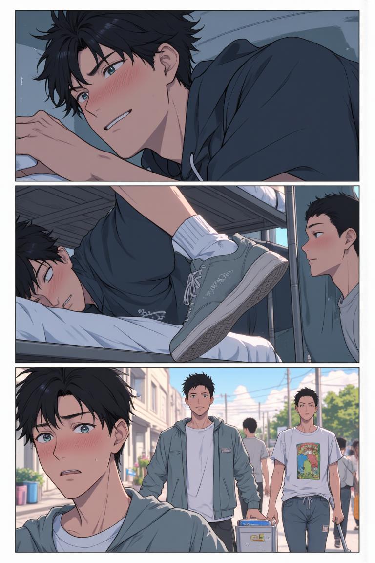 第3章:After the Rain, New Beginnings
Luo Ye shelters Su Baizhou from a sudden downpour by giving her his jacket; he watches her walk away and is struck by regret and fascination. He returns to the dorm and meets his new roommates — the friendly hometown guy Li Haoyang, the impossibly handsome Shen Qiao, and the goofy but warm Wang Dachui — and they bond over small talk and preparations for the upcoming military training. The brief rain encounter lingers in Luo Ye's thoughts as he steps into campus life with new companions. - 图片9