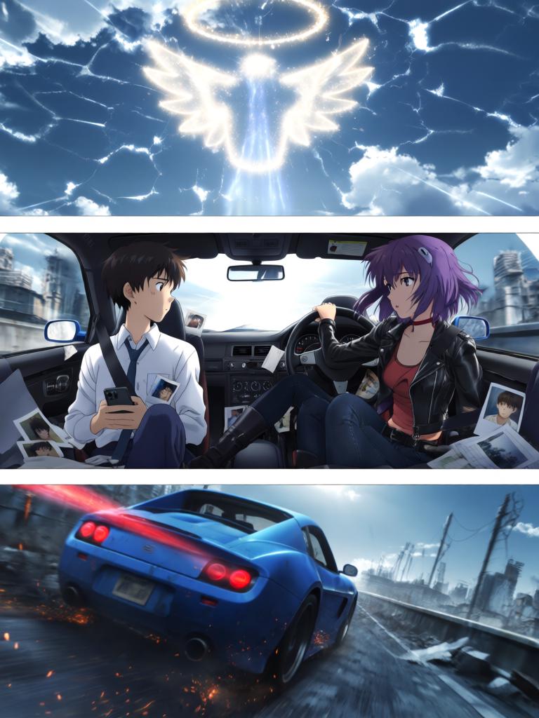 第3章:碎片与救赎的天使圈
空对地导弹射向使徒，却被看不见的屏障挡在前方，使徒反击，战机残骸四散。飞来的碎片朝街头冲来，紫发女子驾车及时横挡救下少年并带他逃离。途中国防部投放的N2地雷引发巨大爆炸，少年被冲击击晕，紫发女子焦急呼喊。 - 图片6