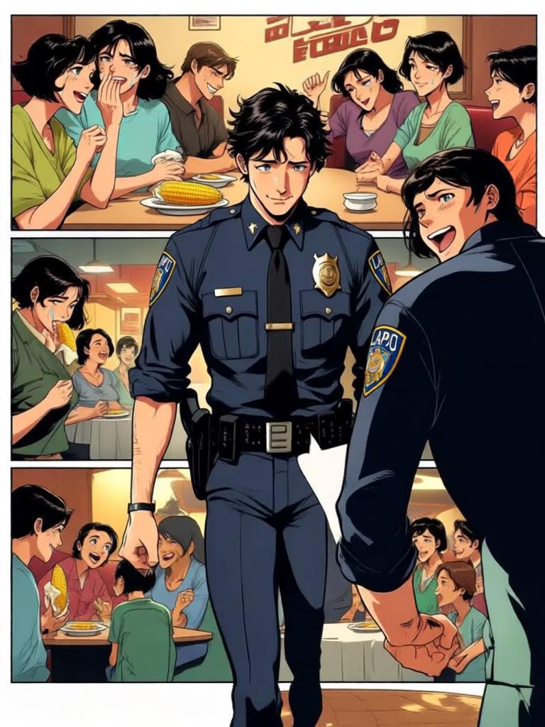 第7章:午餐时光：Code 7 的笑声与警徽
洛克与搭档大卫在墨西哥快餐店用午餐，和同事们拼桌。大家围绕上午的无线电乌龙笑成一团，莫娜警司严肃提醒“乌鸦嘴”的危险。气氛在训斥与打趣之间反复，直到兰迪二人登场用老梗彻底点燃笑声。 - 图片5