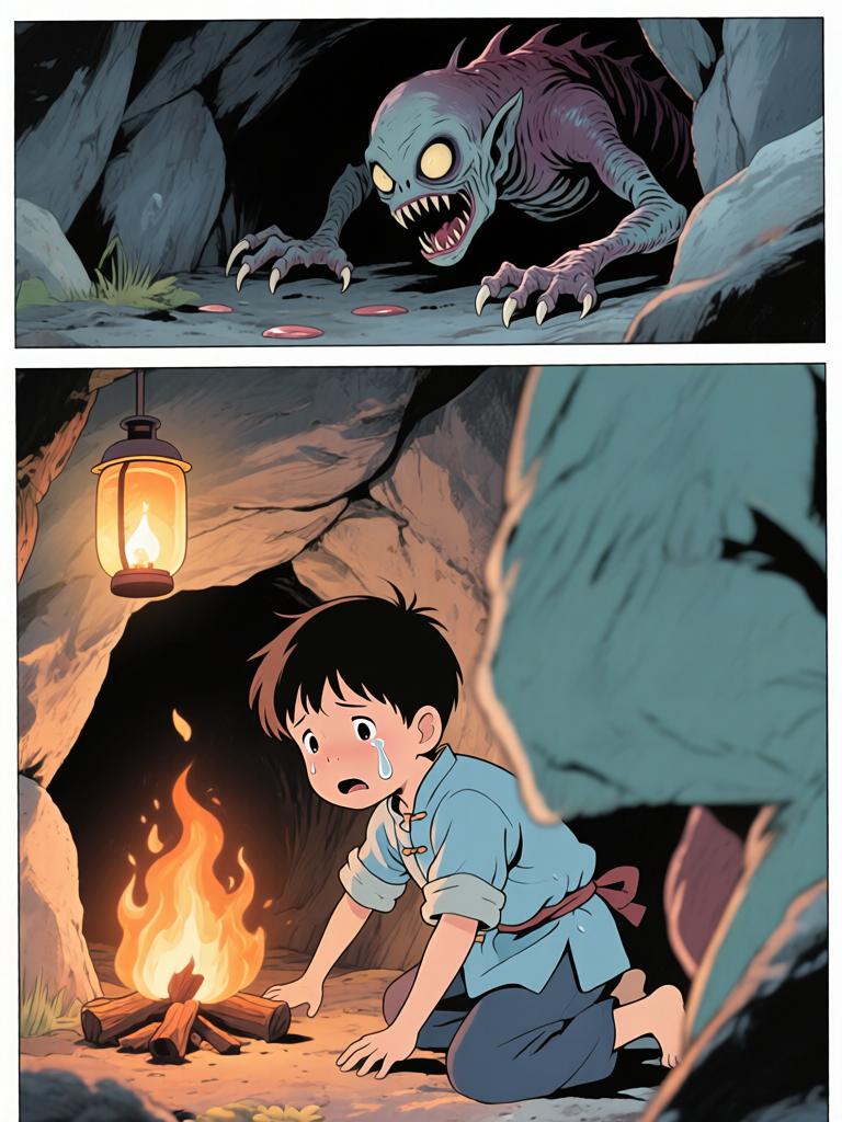 第4章:灯笼下的命心子
夜色中，陈如飞布下爆破，引出洞中的怪物；野子被炸入洞内，举灯挡住来袭生物并被迫深入寻找那生物胸中的命心子。陈如飞为保护野子与怪物搏斗，最终被拖入黑洞，野子带着命心子逃出，决心将来复仇。 - 图片6